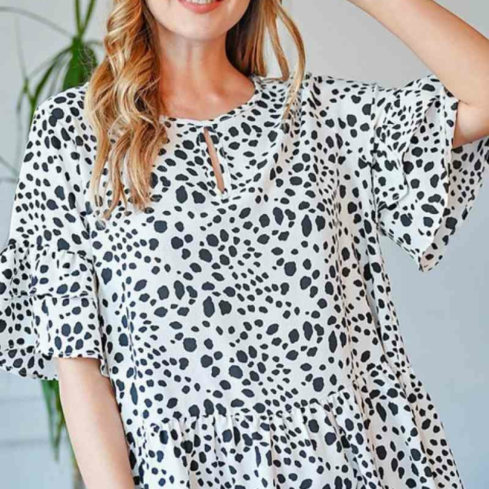 Animal Print Ruffled Front Keyhole Top